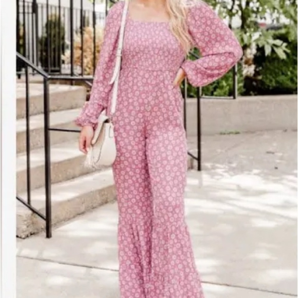 Pink Lily Floral Smocked Pink/Mauve Bell Bottom Jumpsuit NWOT